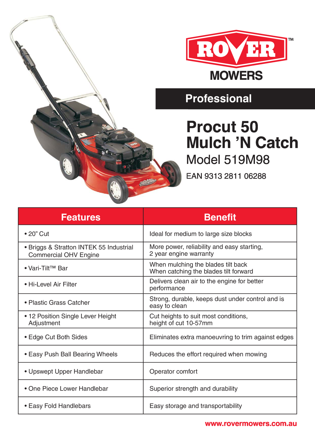 Rover warranty Procut Mulch ʼN Catch, Model 519M98, Professional, Features, Benefit, Ean 