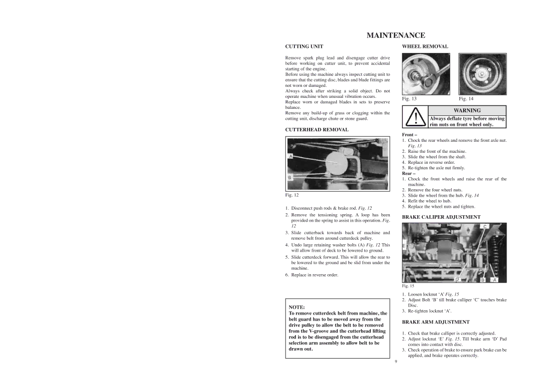 Rover 53179 warranty Cutting Unit, Cutterhead Removal, Wheel Removal, Brake Caliper Adjustment, Brake ARM Adjustment 