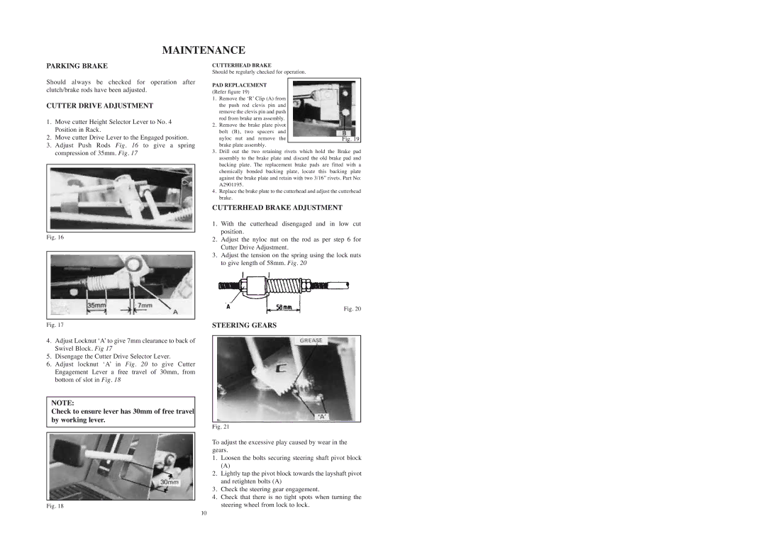 Rover 53179 warranty Cutter Drive Adjustment, Cutterhead Brake Adjustment, Steering Gears 