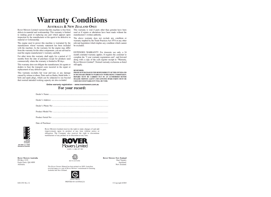 Rover 53179 warranty Warranty Conditions, Australia & NEW Zealand only 