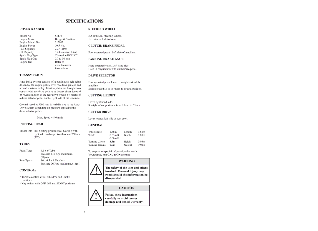 Rover 53179 warranty Specifications 