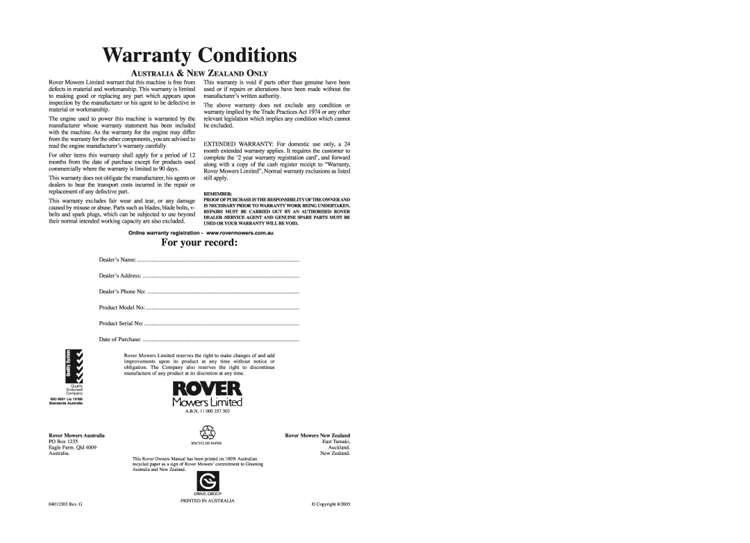 Rover 53179 warranty For your record, Australia & New Zealand Only, Warranty Conditions 