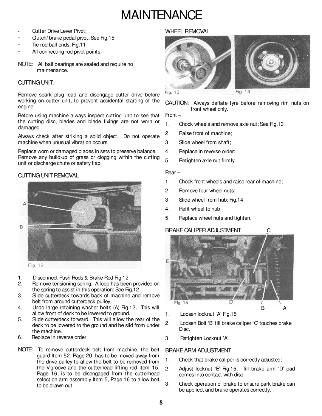 Rover 5377 - 12HP owner manual Cutting Unit Removal Wheel Removal, Brake Caliper Adjustment, Brake ARM Adjustment 