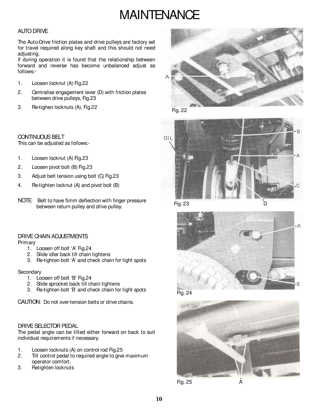 Rover 5377 - 12HP owner manual Auto Drive, Continuous Belt, Drive Chain Adjustments, Drive Selector Pedal 