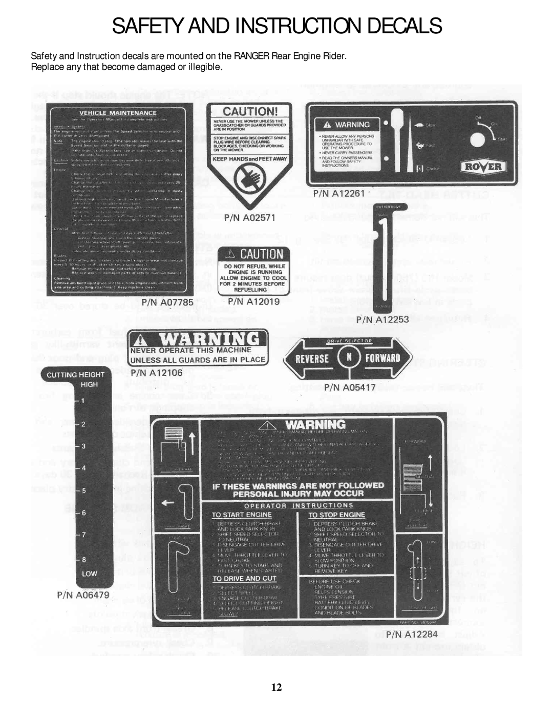 Rover 5377 - 12HP owner manual Safety and Instruction Decals 