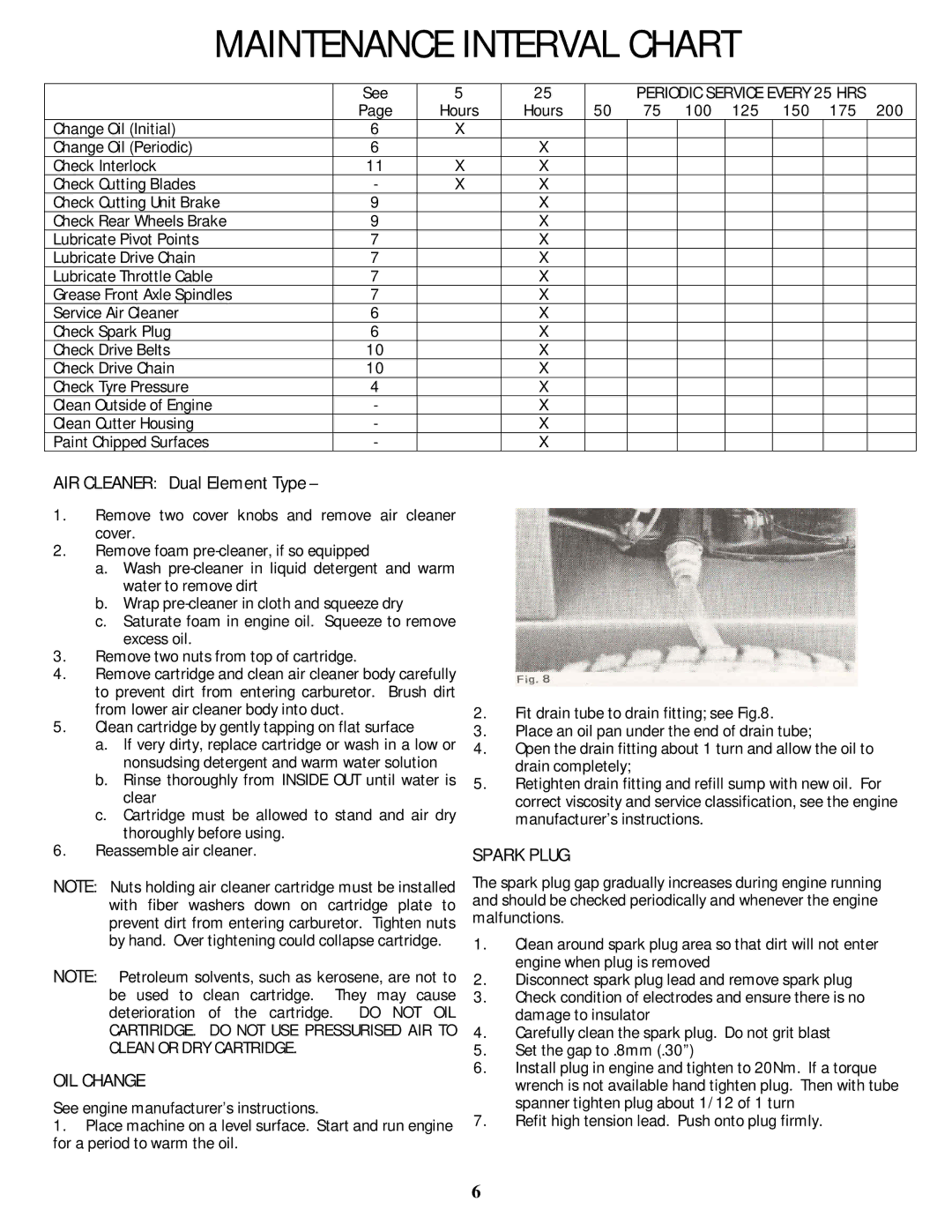 Rover 5377 - 12HP owner manual Maintenance Interval Chart, OIL Change, Spark Plug 