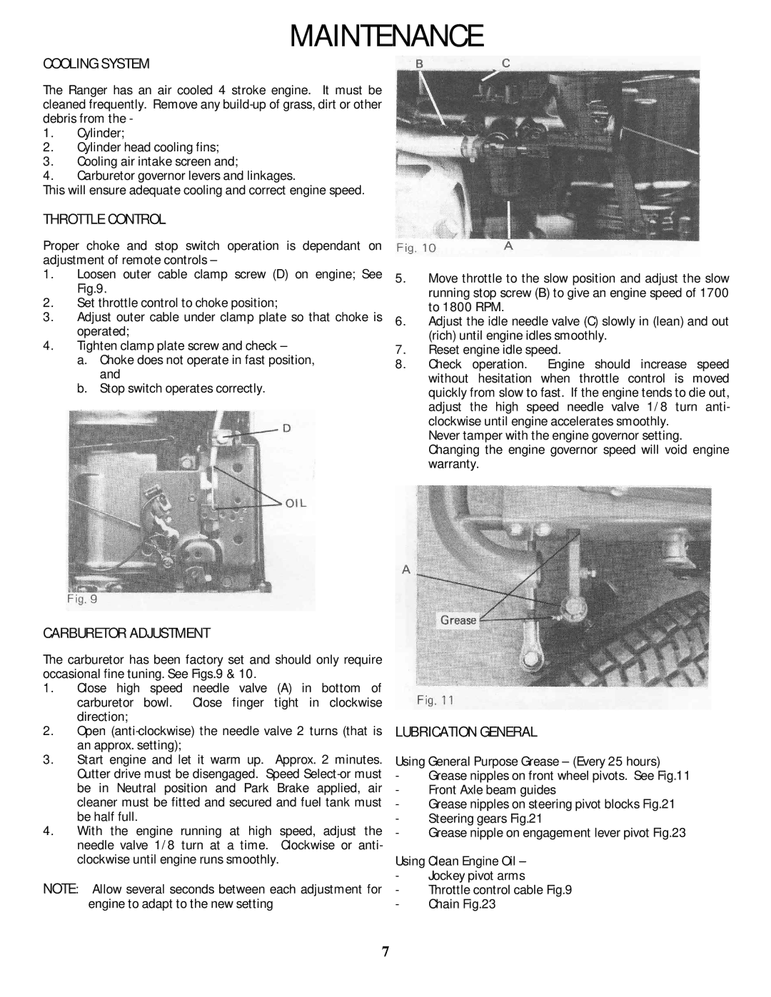 Rover 5377 - 12HP owner manual Maintenance, Cooling System, Throttle Control, Carburetor Adjustment 