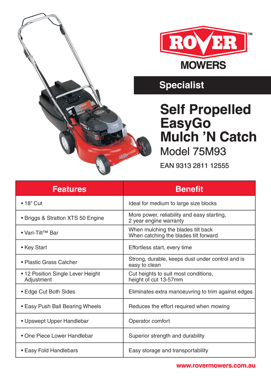 Rover warranty Self Propelled, EasyGo, Mulch ʼN Catch, Model 75M93, Specialist, Features, Benefit, Ean 