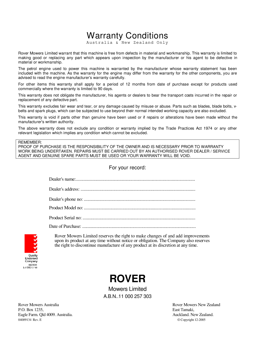 Rover 9859, 9862, 9848, 9858, 9885 owner manual Rover 