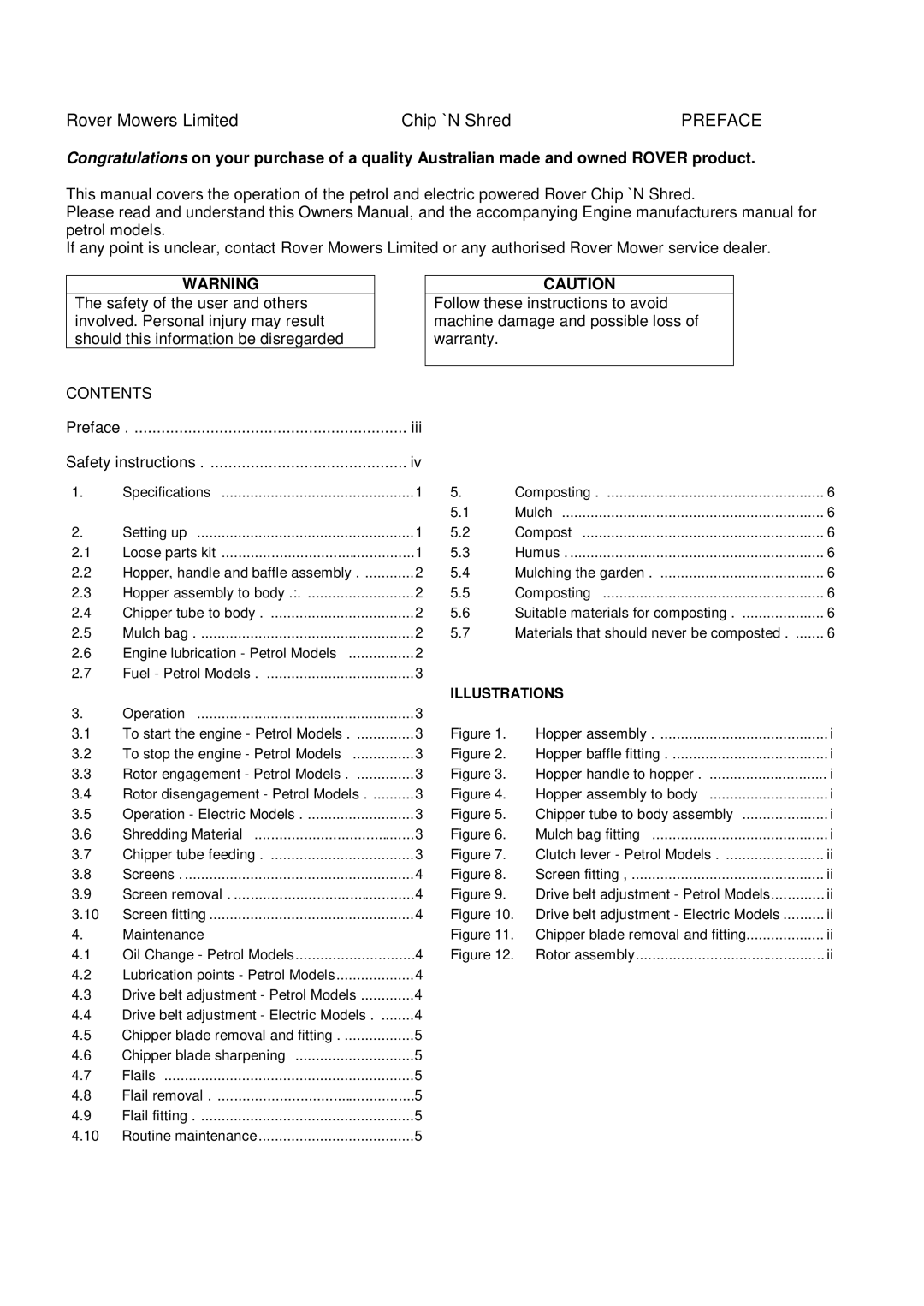 Rover 9859, 9862, 9848, 9858, 9885 owner manual Rover Mowers Limited Chip `N Shred 