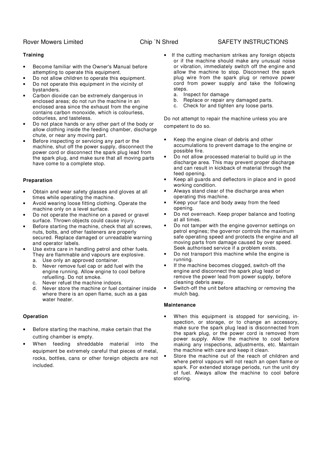 Rover 9859, 9862, 9848, 9858, 9885 owner manual Safety Instructions, Training, Preparation, Operation, Maintenance 