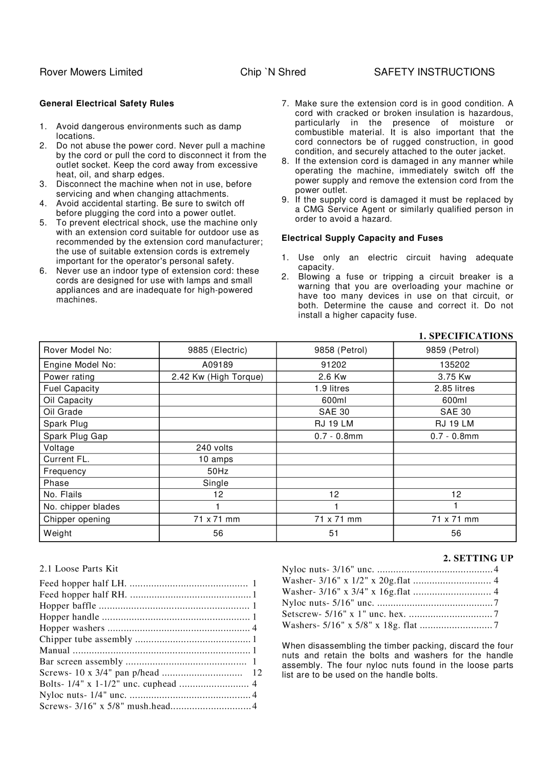 Rover 9859, 9862, 9848, 9858, 9885 owner manual General Electrical Safety Rules, Electrical Supply Capacity and Fuses 