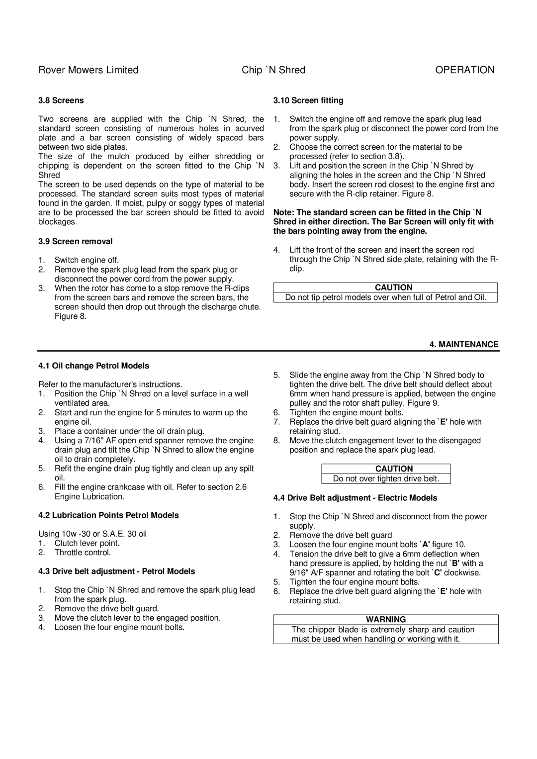 Rover 9859, 9862, 9848, 9858, 9885 owner manual Operation 