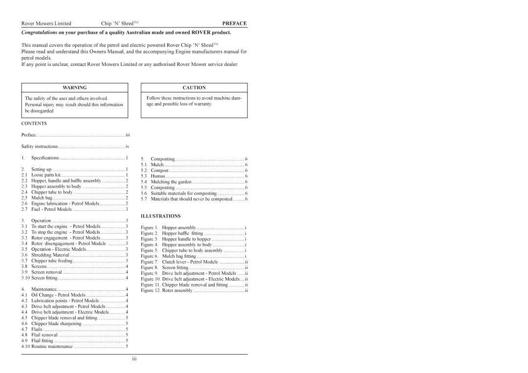 Rover 9862, 9848, 9885, 98117 warranty Preface, Illustrations 