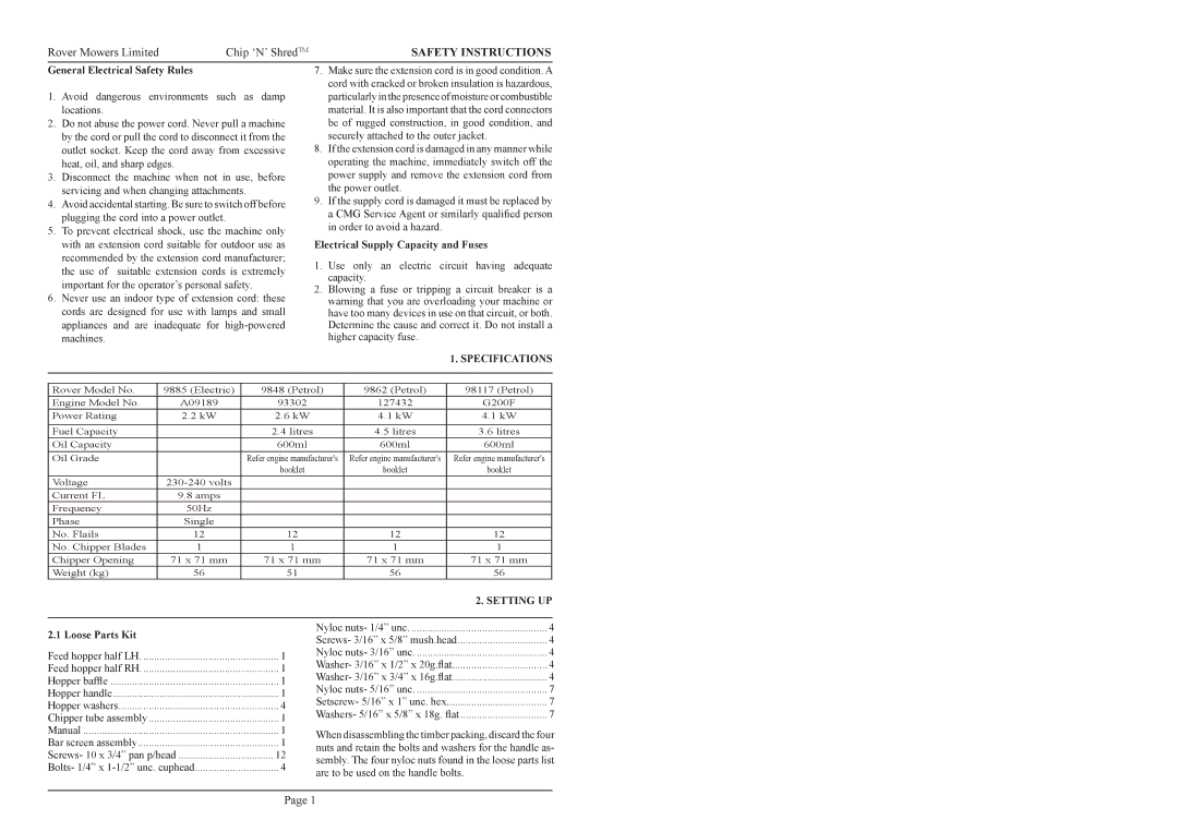 Rover 9885, 9862, 9848 General Electrical Safety Rules, Electrical Supply Capacity and Fuses, Specifications, Setting UP 