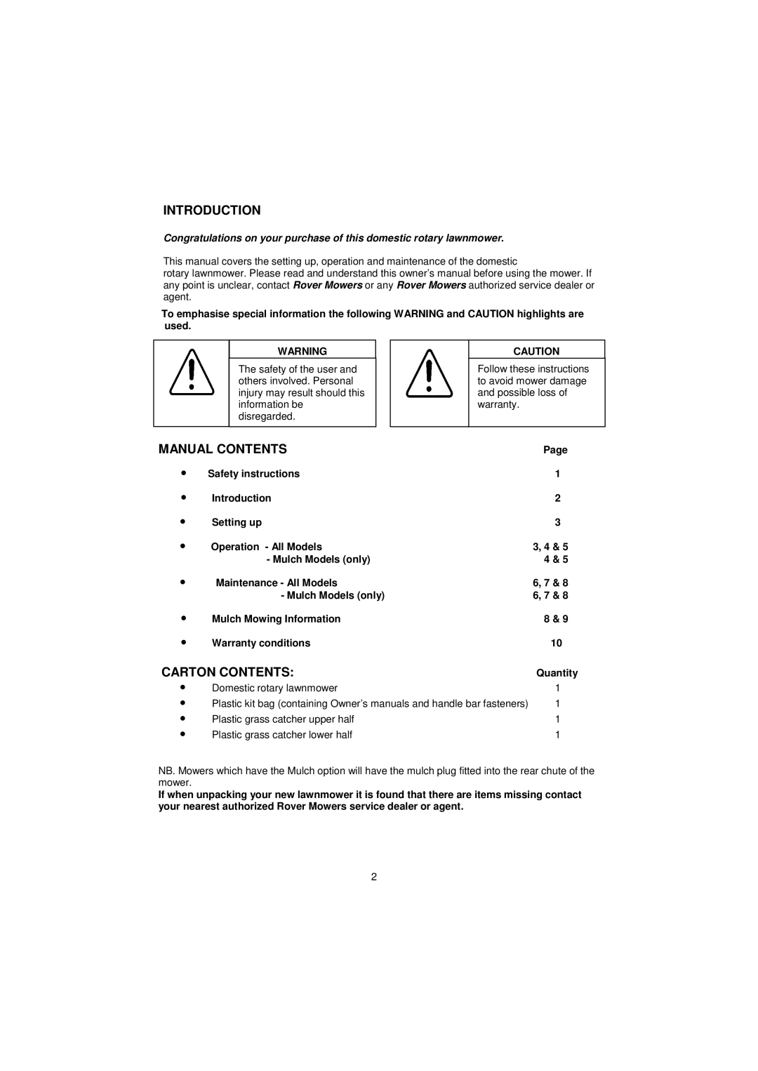 Rover Domestic Rotary Lawnmower owner manual Introduction, Manual Contents, Carton Contents 