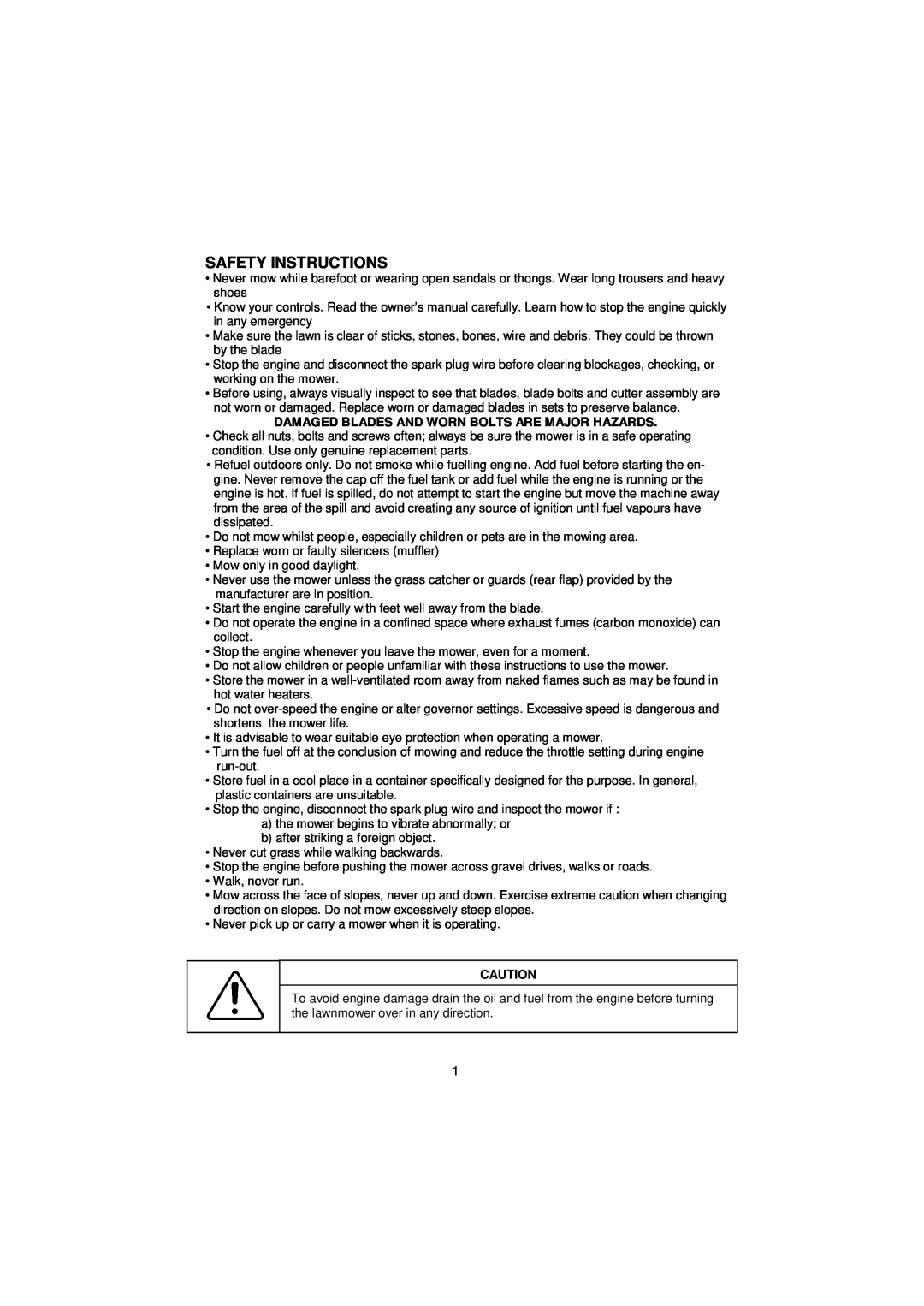 Rover Domestic Rotary Lawnmower owner manual Safety Instructions, Damaged Blades And Worn Bolts Are Major Hazards 