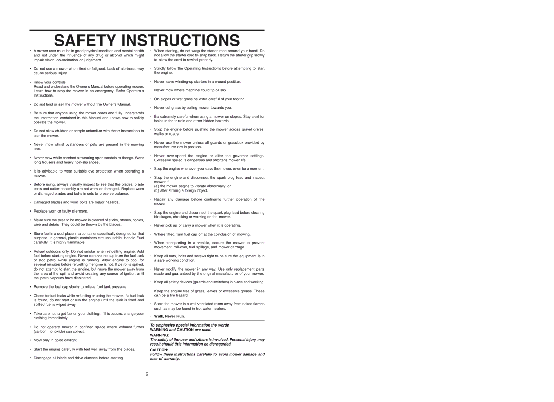 Rover Domestic Rotary Mower warranty Safety Instructions 