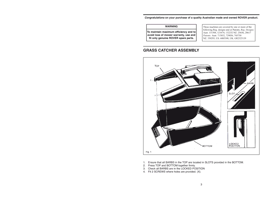 Rover Domestic Rotary Mower warranty Grass Catcher Assembly 