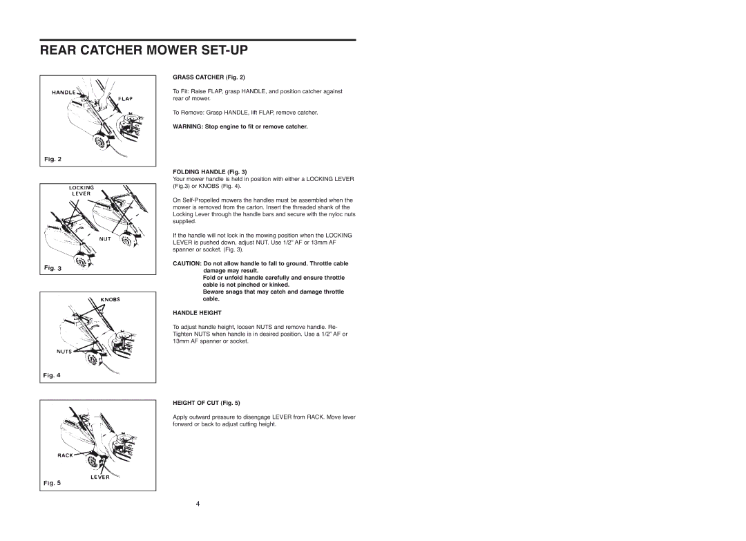 Rover Domestic Rotary Mower warranty Rear Catcher Mower SET-UP, Grass Catcher Fig, Folding Handle Fig, Handle Height 