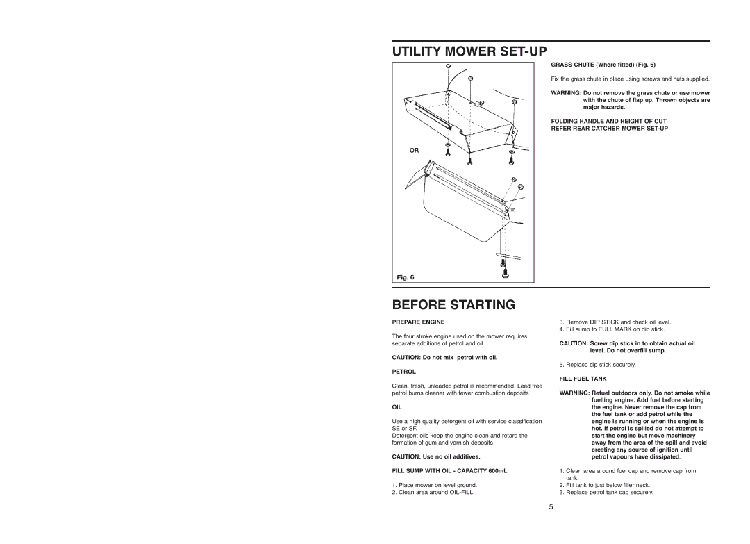 Rover Domestic Rotary Mower warranty Utility Mower SET-UP, Before Starting 