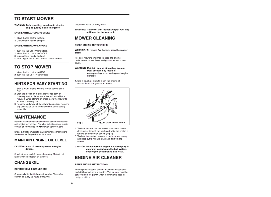 Rover Domestic Rotary Mower warranty To Start Mower, To Stop Mower, Maintenance, Mower Cleaning, Engine AIR Cleaner 