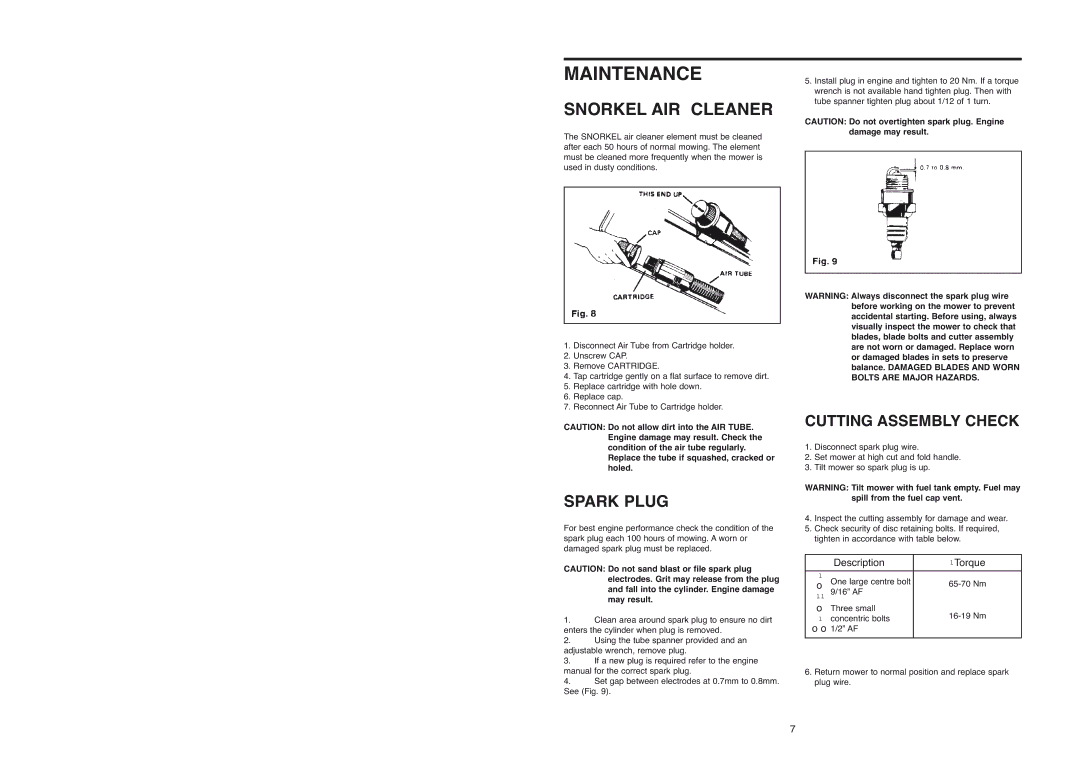 Rover Domestic Rotary Mower warranty Maintenance, Snorkel AIR Cleaner, Cutting Assembly Check 