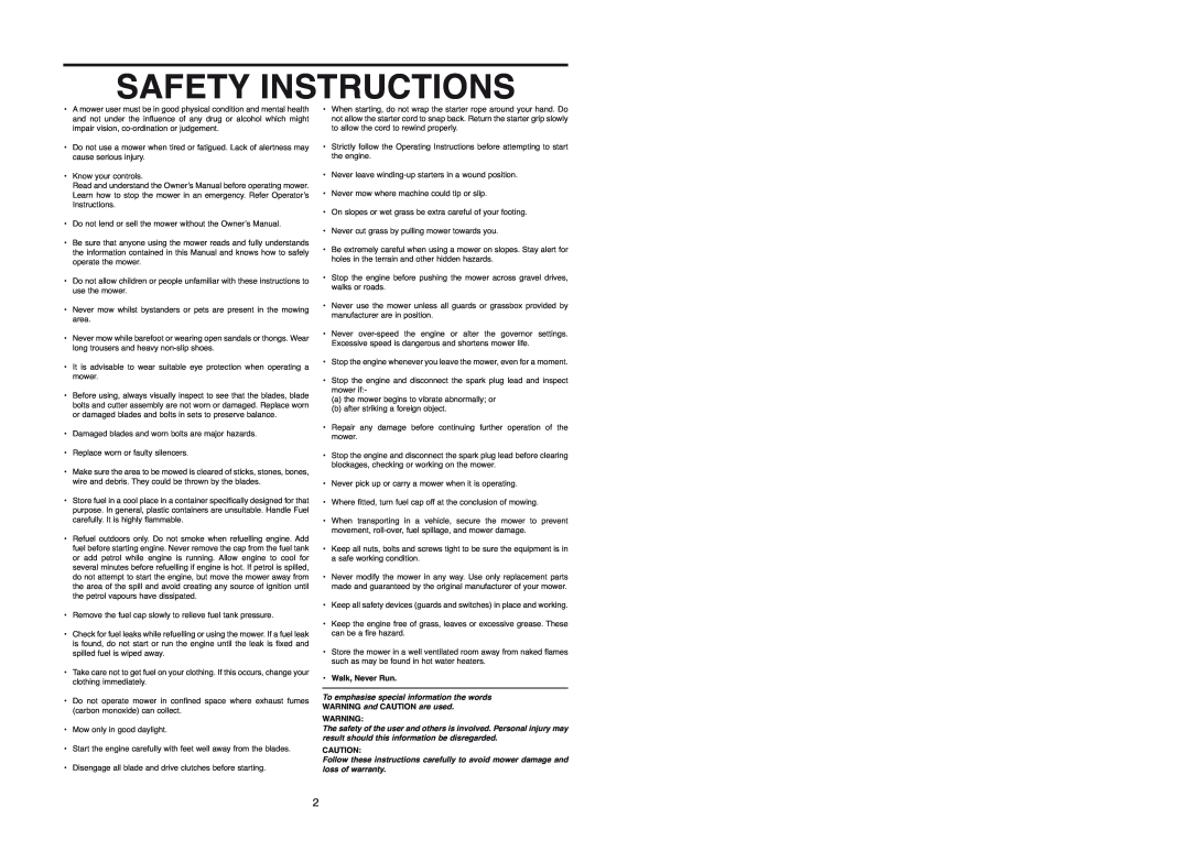 Rover Domestic Rotary Mower warranty Safety Instructions, Walk, Never Run, WARNING and CAUTION are used 