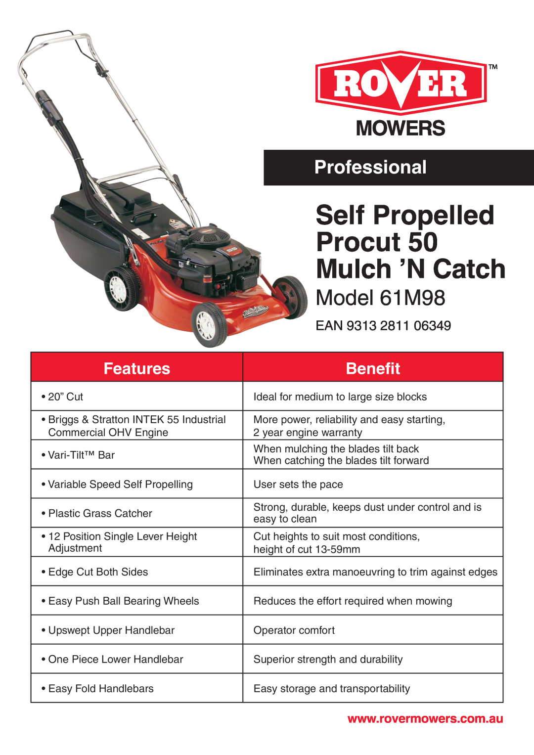 Rover ProCut 50 warranty Self Propelled, Procut, Mulch ʼN Catch, Model 61M98, Professional, Features, Benefit, Ean 
