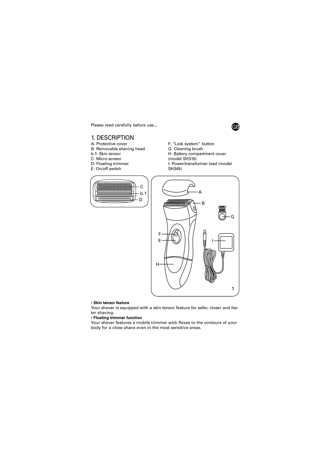 Rowenta 030013 - 4/03 SH315/345 manual Description, Skin tensor feature, Floating trimmer function 