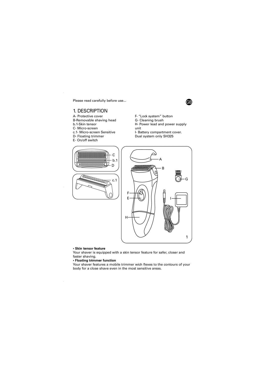 Rowenta 030014 - 4/03 SH325/335 manual Description, Skin tensor feature, Floating trimmer function 