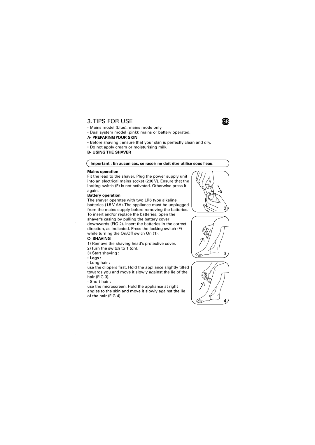 Rowenta 030014 - 4/03 SH325/335 manual Tips for USE, Battery operation, Legs 