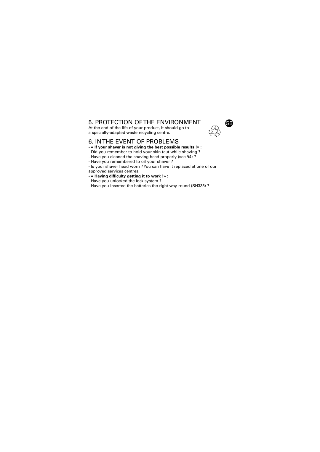 Rowenta 030014 - 4/03 SH325/335 manual Protection of the Environment, Event of Problems 