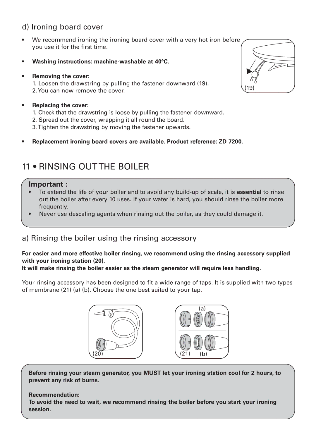 Rowenta 032621 - IC7100 - 50/03 manual Rinsing OUT the Boiler, Ironing board cover, Replacing the cover 