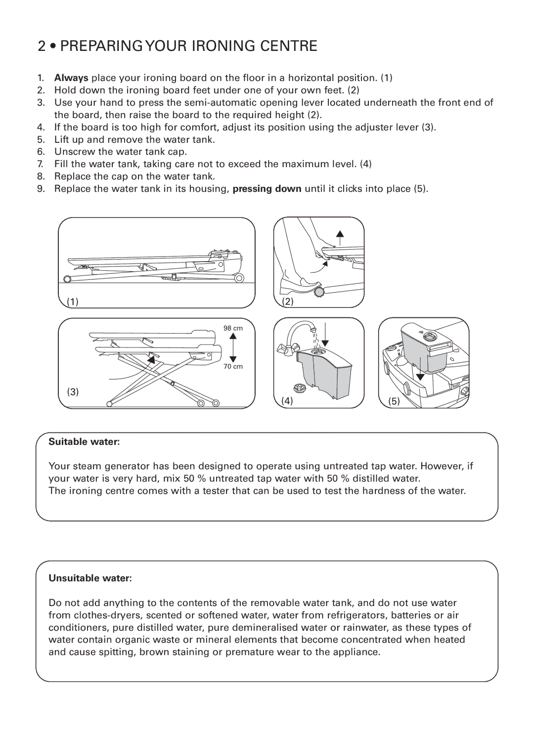 Rowenta 032621 - IC7100 - 50/03 manual Preparing Your Ironing Centre, Suitable water, Unsuitable water 