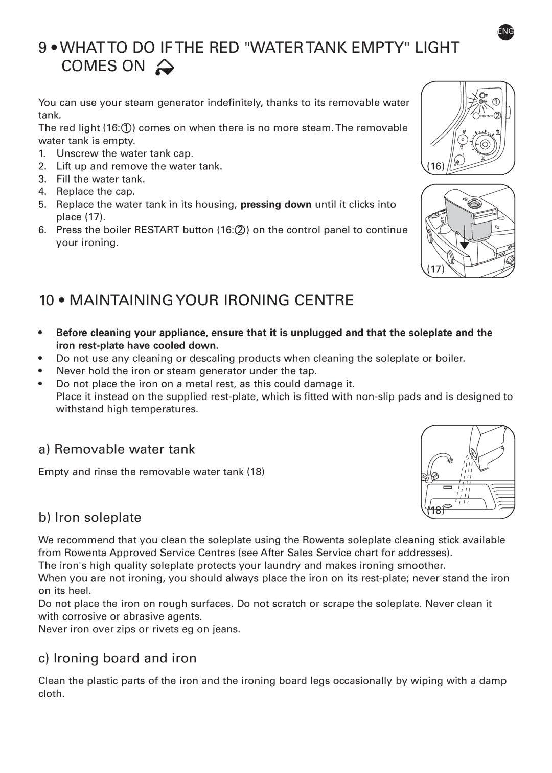 Rowenta 032621 - IC7100 - 50/03 What to do if the RED Water Tank Empty Light Comes on, Maintaining Your Ironing Centre 