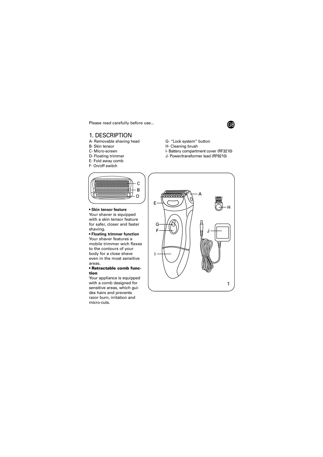 Rowenta 037116 - 20/04 RF3210/9210 manual Description, Retractable comb func- tion 