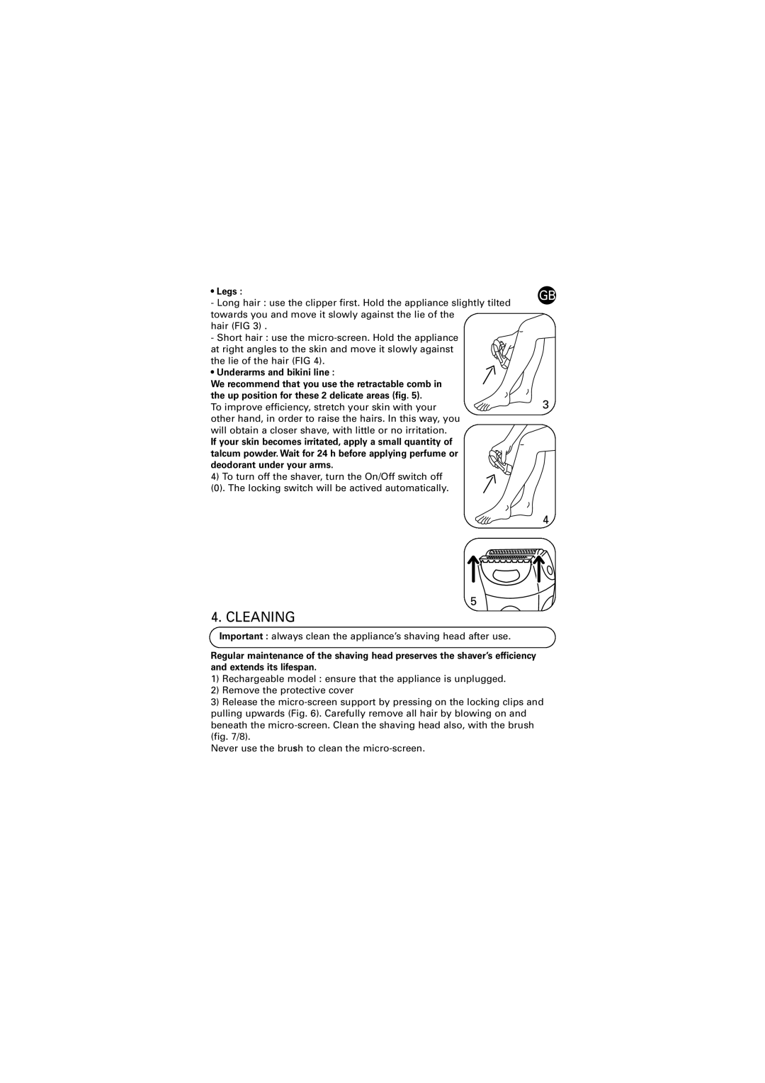 Rowenta 037116 - 20/04 RF3210/9210 manual Cleaning, Legs, Underarms and bikini line 