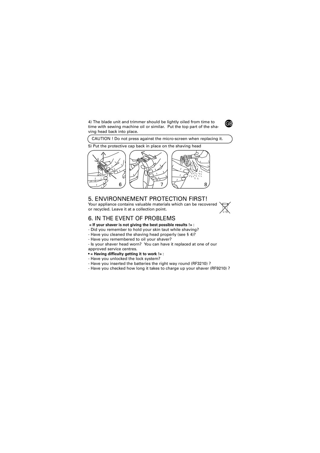 Rowenta 037116 - 20/04 RF3210/9210 manual Environnement Protection First, Event of Problems 