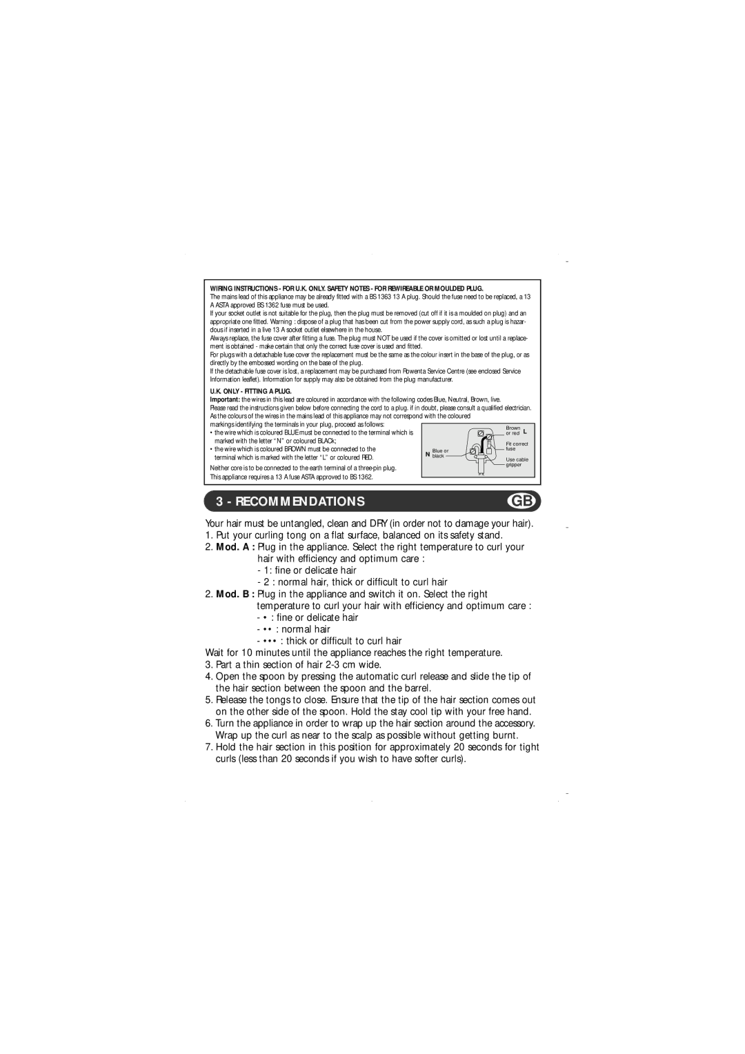 Rowenta 039534/08-02 manual Recommendations, Only Fitting a Plug 