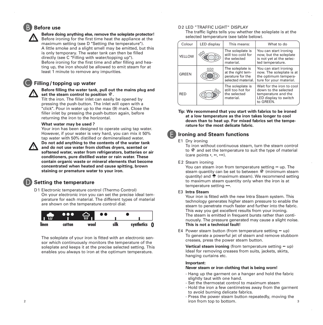 Rowenta 1103897124 manual Before use, Filling/topping up water, Setting the temperature, Ironing and Steam functions 