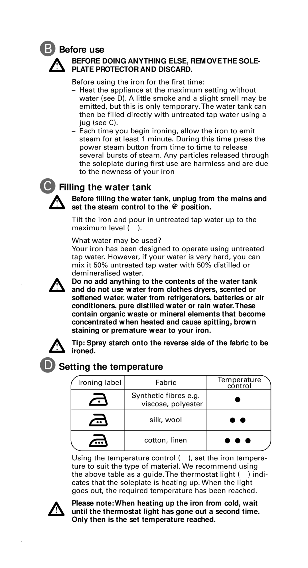 Rowenta 1103898336 / 46-05 manual Before use, Filling the water tank, Setting the temperature 