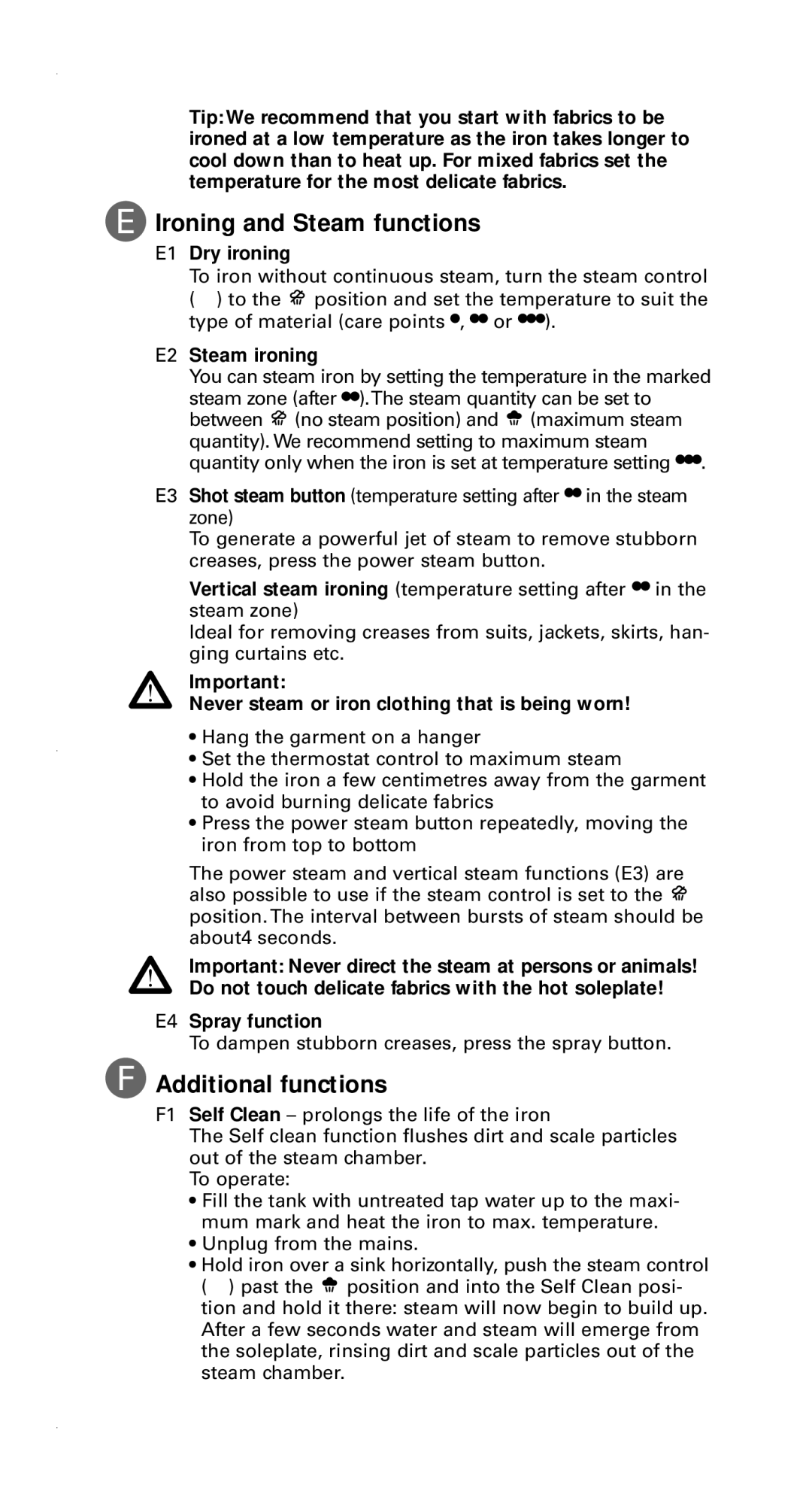 Rowenta 1103898336 / 46-05 manual Ironing and Steam functions, Additional functions 