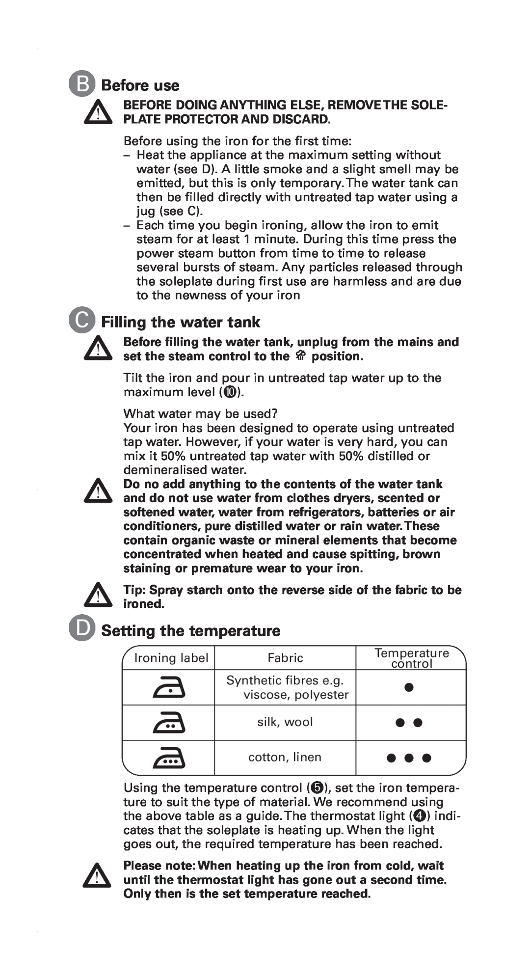 Rowenta 1103898336 / 46-05 manual B Before use, C Filling the water tank, D Setting the temperature 