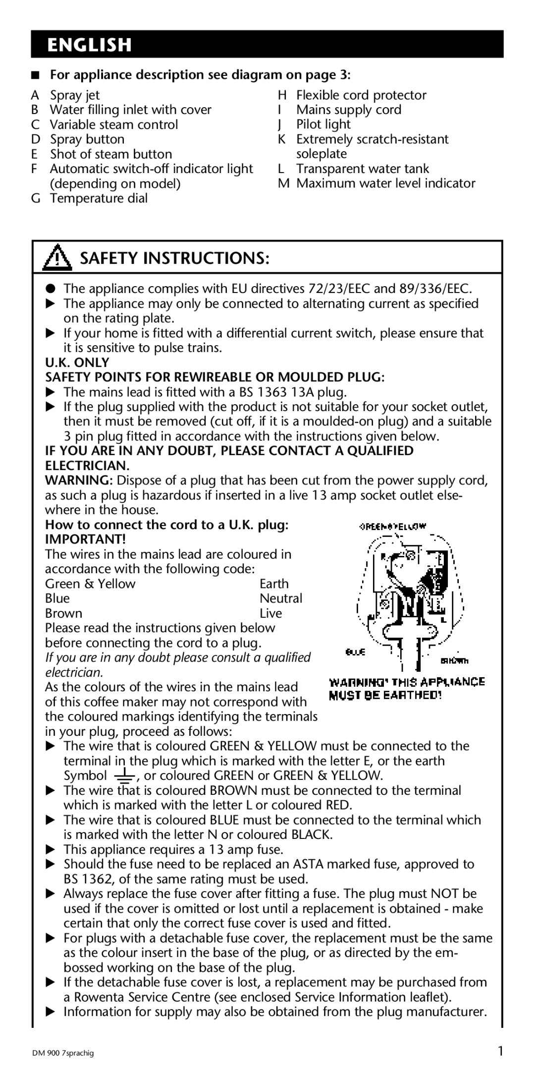 Rowenta 1DM 900 manual For appliance description see diagram on, How to connect the cord to a U.K. plug 