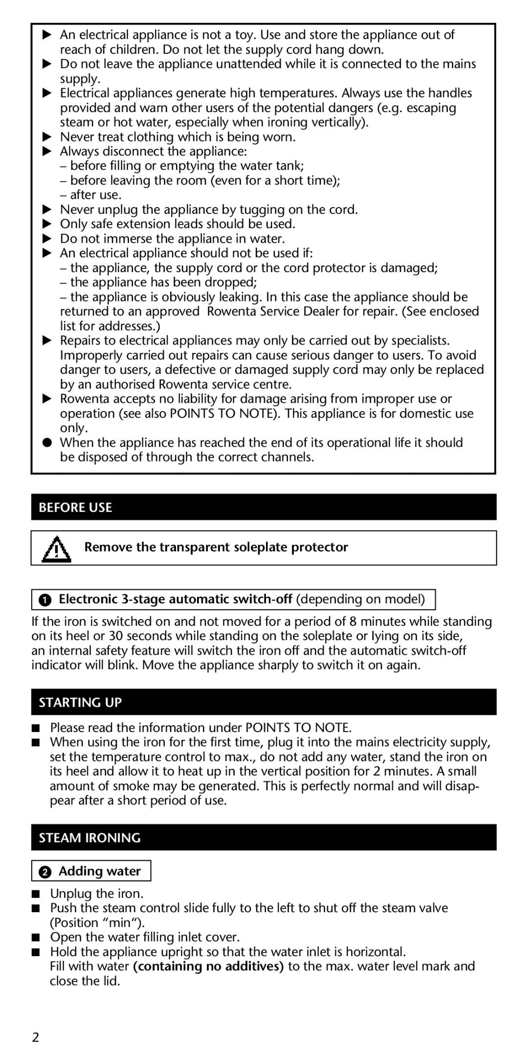Rowenta 1DM 900 manual Before USE, Starting UP, Steam Ironing, Adding water 