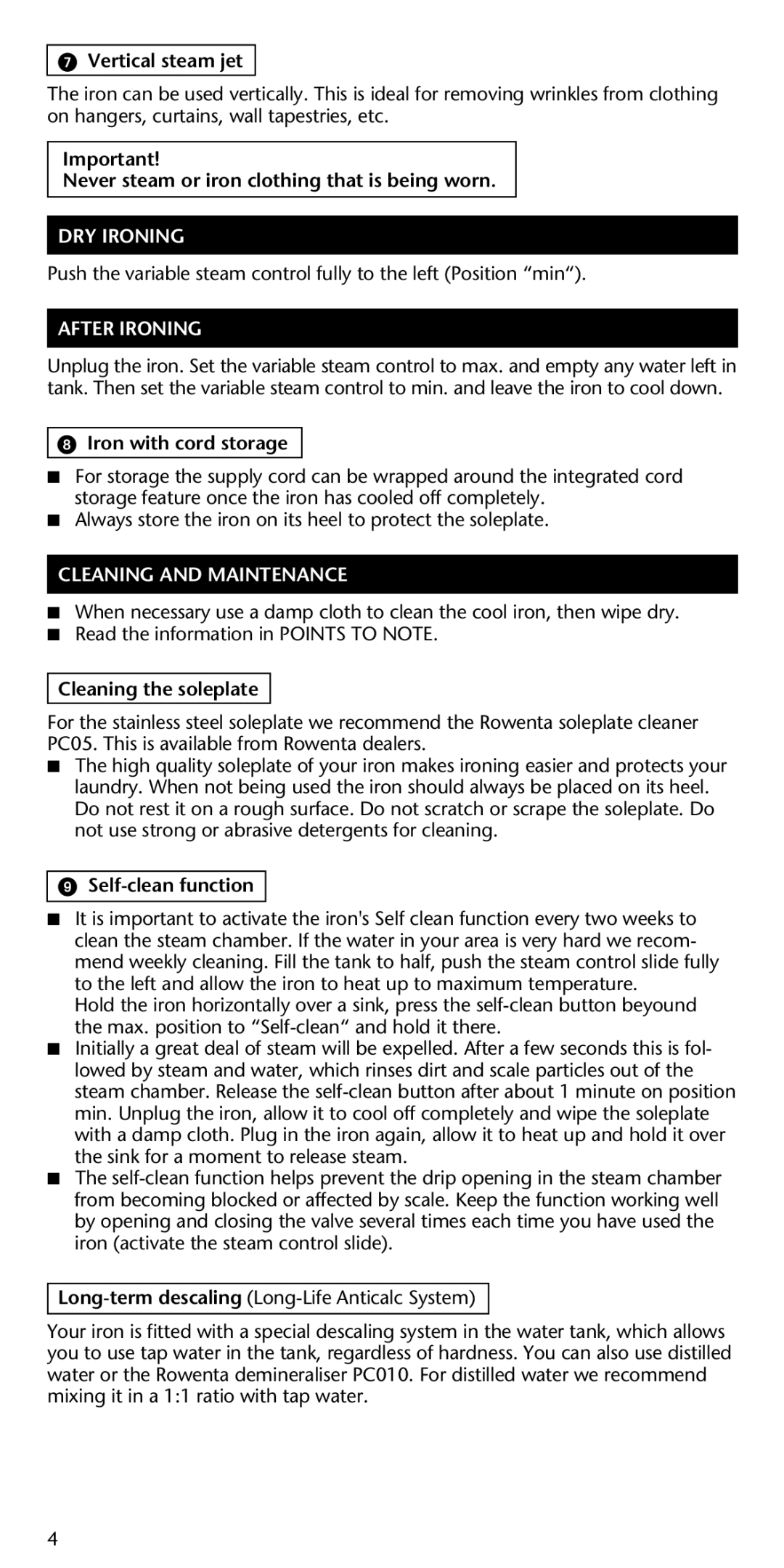 Rowenta 1DM 900 manual DRY Ironing, After Ironing, Cleaning and Maintenance 