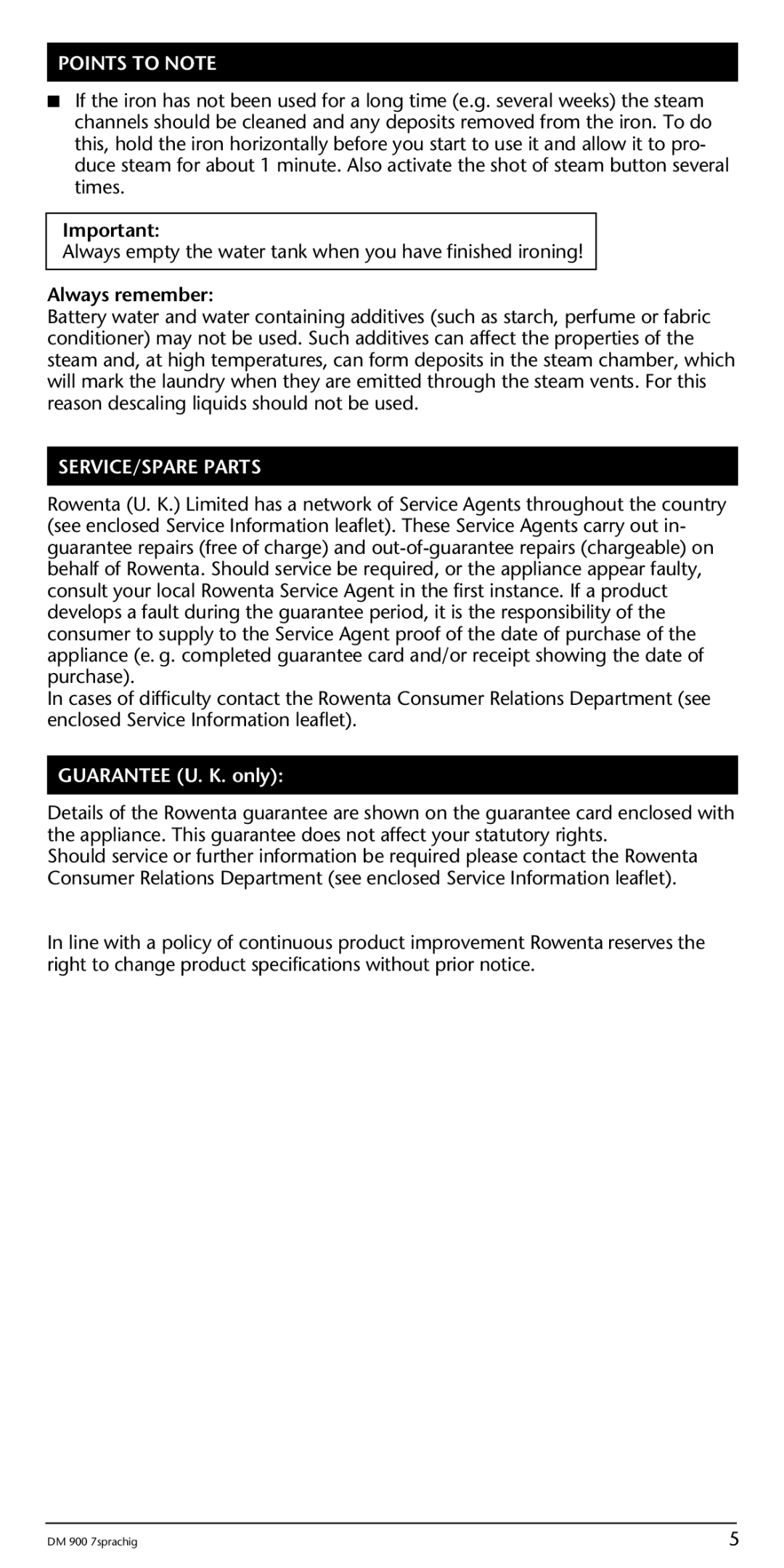 Rowenta 1DM 900 manual Points to Note, Always remember, SERVICE/SPARE Parts 
