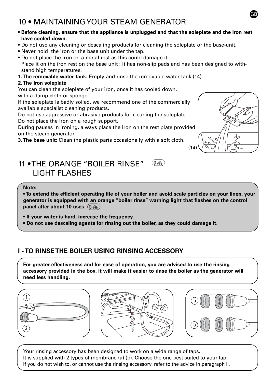 Rowenta 42449 manual Maintaining Your Steam Generator, Orange Boiler Rinse Light Flashes, Iron soleplate 