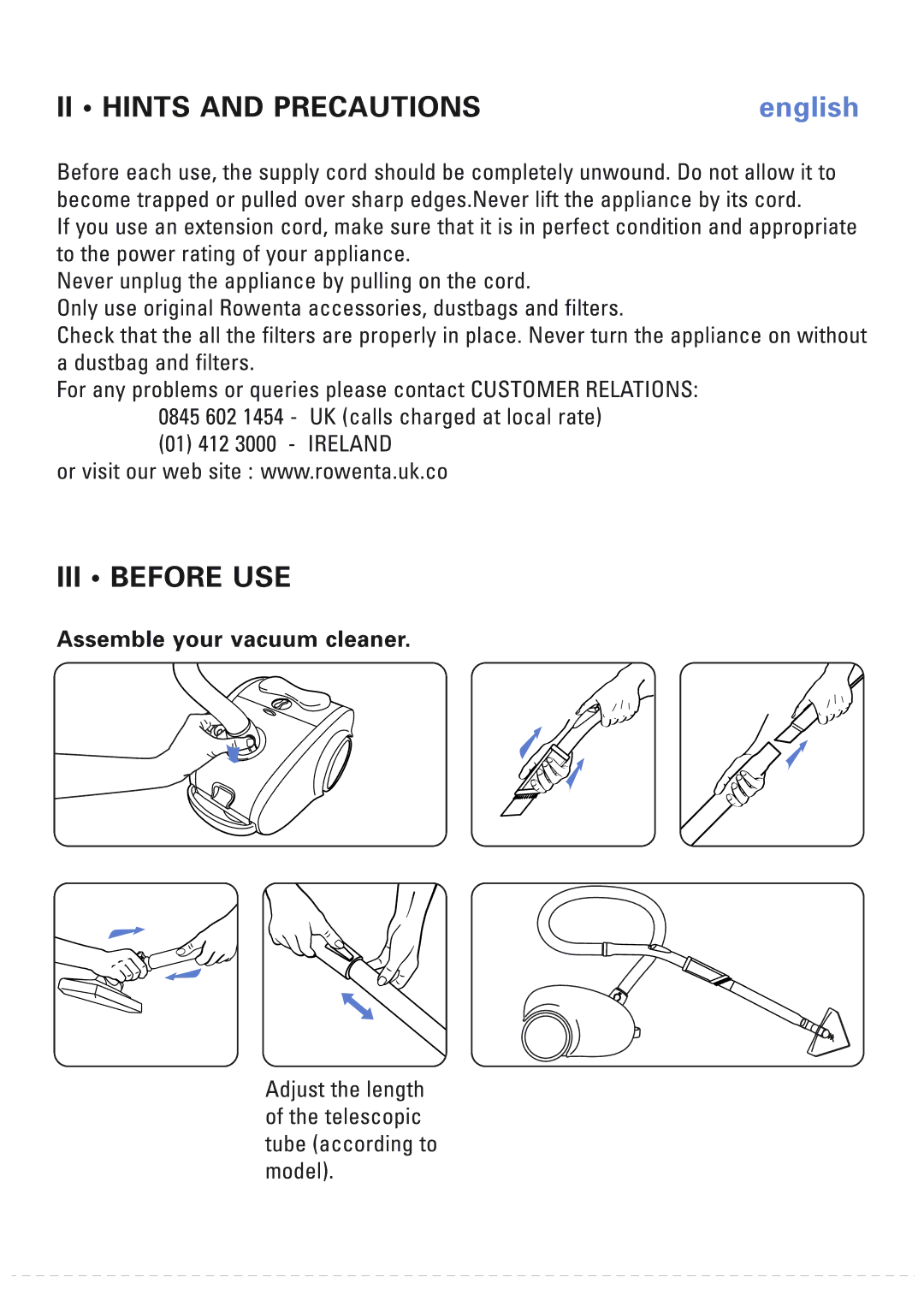 Rowenta 566270 manual II Hints and Precautions, III Before USE, Assemble your vacuum cleaner 